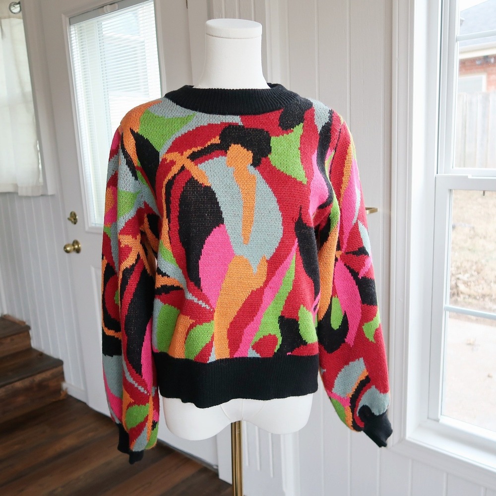 Farm Rio Womens The Dance Abstract Colorblock Knit Sweater Small Dopamine Artsy - Picture 3 of 11